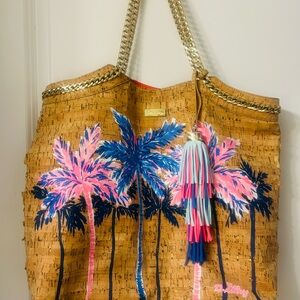 Lilly Pulitzer Cork Tote with Pink and Blue Palm Design